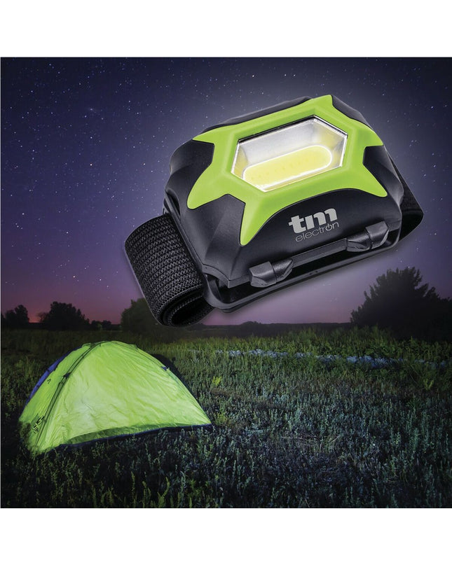 Green TM Electron 3W headlamp for outdoor activities, featuring adjustable strap and LED light for camping and hiking.