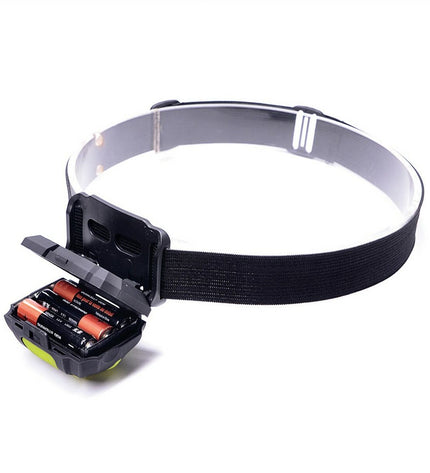 Green TM Electron LED headlamp with 3W light for outdoor activities, camping, and hiking, worn on the head for hands-free illumination.