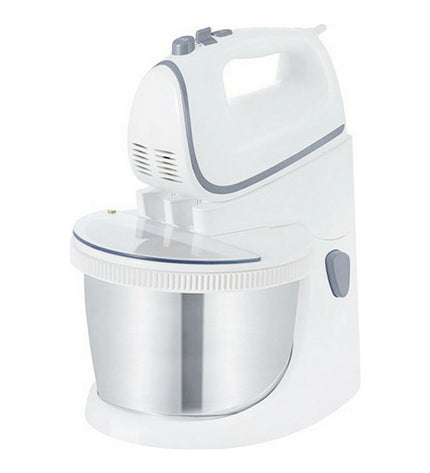 TM Electron hand mixer with bowl, 400W, small electric kitchen appliance, black and silver, with mixing attachments.