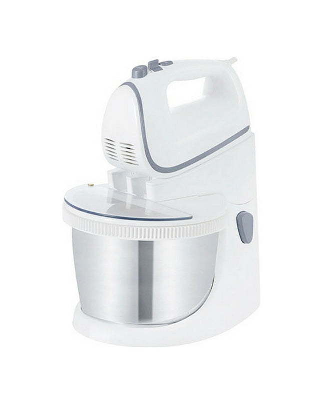 TM Electron hand mixer with bowl, 400W, small electric kitchen appliance, black and silver, with mixing attachments.