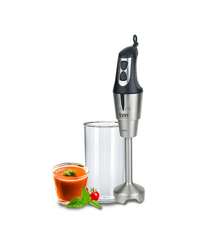 TM Electron hand blender in stainless steel with 650W power, suitable for kitchen and cooking tasks.