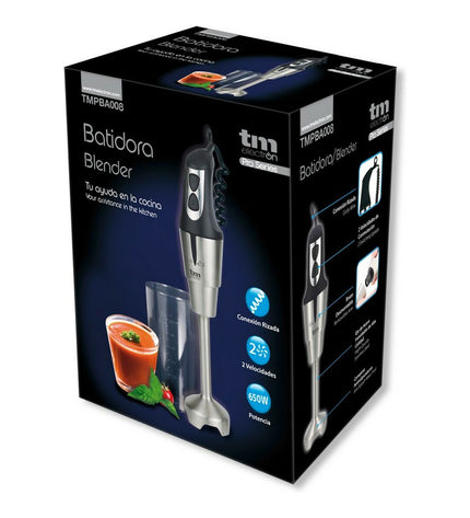 TM Electron hand blender with 650W motor and stainless steel body, ideal for kitchen mixing and blending tasks.