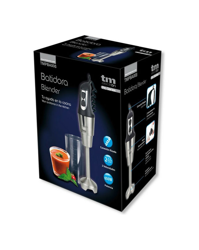 TM Electron hand blender with 650W motor and stainless steel body, ideal for kitchen mixing and blending tasks.