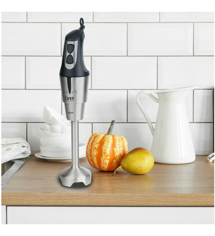 TM Electron hand blender in stainless steel with 650W motor, suitable for kitchen and cooking tasks.