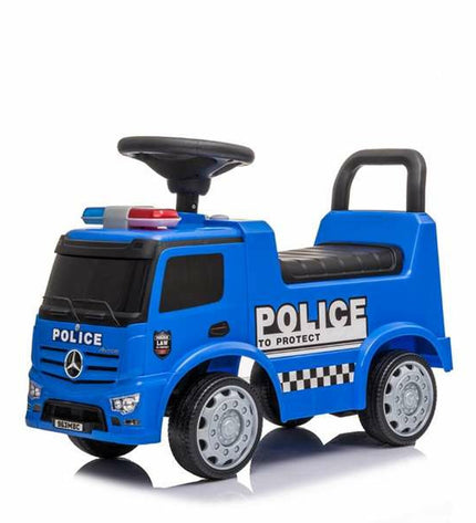 Mercedes Benz Actros police truck toy in blue, a detailed miniature vehicle for play and outdoor fun.