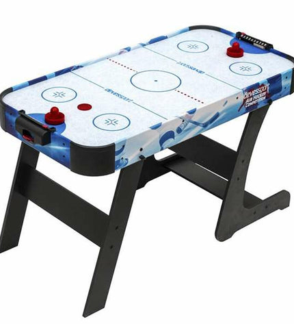 Foldable Devessport hockey table by BigBuy Fun with 122x60.5x71 cm size, featuring colorful hockey game accessories on a wooden surface.