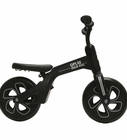 Black Kinderfiets Tech Balance bike for kids, featuring a sleek design, sturdy frame, and safety features, ideal for outdoor play.