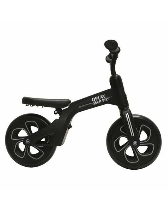 Black Kinderfiets Tech Balance bike for kids, featuring a sleek design, sturdy frame, and safety features, ideal for outdoor play.