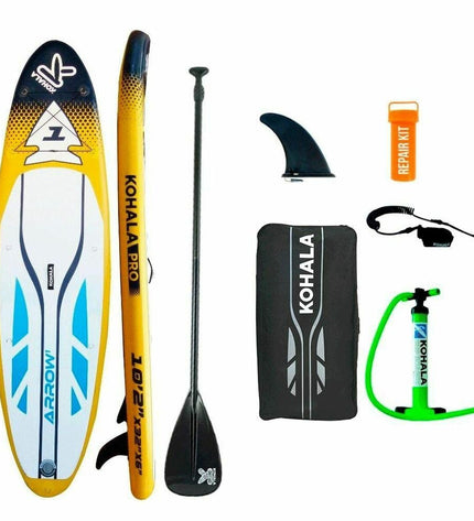 Yellow inflatable SUP board with accessories, Kohala Arrow 1, BigBuy Fun, for sport and outdoor water activities, 310x81x15 cm.