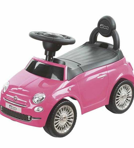 Pink Fiat 500 Ride On Car toy for kids, pink plastic toy vehicle with steering wheel and realistic car details by BigBuy Fun.