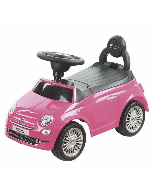 Pink Fiat 500 Ride On Car toy for kids, pink plastic toy vehicle with steering wheel and realistic car details by BigBuy Fun.