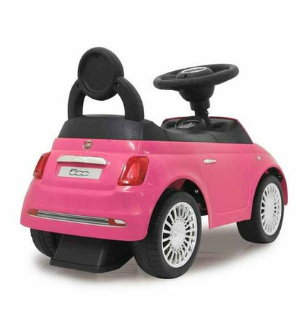 Pink Fiat 500 ride-on toy car for kids, designed for outdoor play, by BigBuy Fun, featuring realistic car details and a sturdy build.