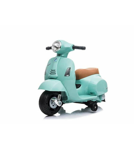 Green Vespa 6V kids electric scooter, toy scooter for children, with detailed Vespa design and vibrant color.