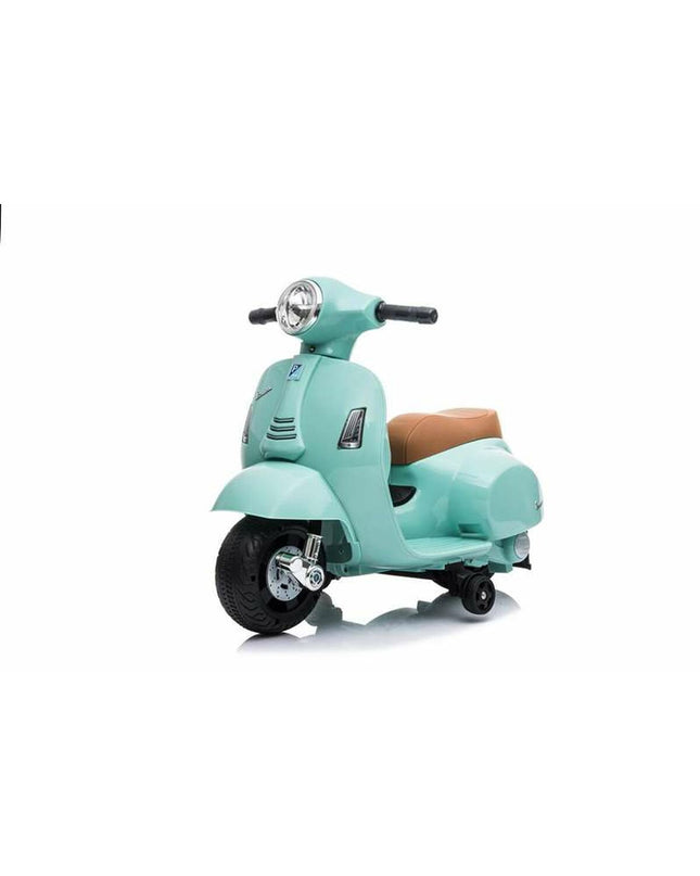Green Vespa 6V kids electric scooter, toy scooter for children, with detailed Vespa design and vibrant color.