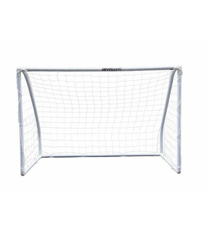 White Devessport football goal measuring 180x91x120 cm, suitable for outdoor soccer training and matches.