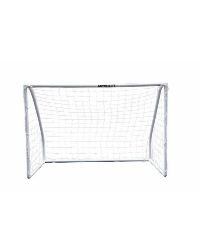 White Devessport football goal measuring 180x91x120 cm, suitable for outdoor soccer training and matches.