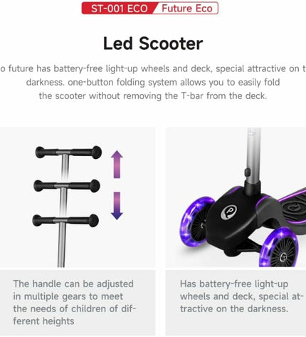 Ociotrends Eco Future Scooter in purple with three wheels, ideal for urban mobility and outdoor sports, shown on smooth pavement.