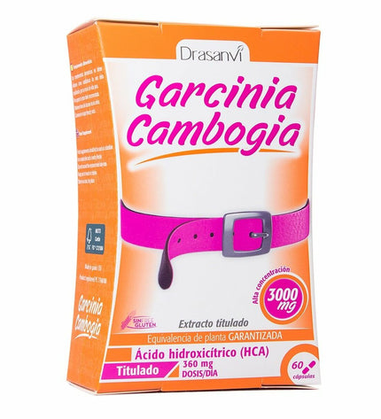 Drasanvi Garcinia Cambogia supplement bottle with label, placed on a white background, showcasing natural health and diet product.