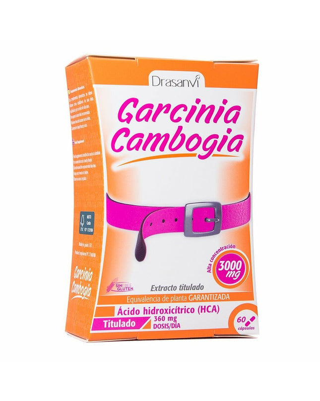 Drasanvi Garcinia Cambogia supplement bottle with label, placed on a white background, showcasing natural health and diet product.