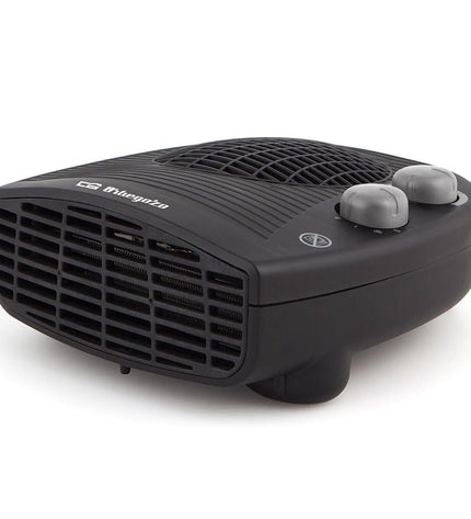 Black Orbegozo 16844 2000W portable heater for home and cooking, featuring a compact design and control panel.