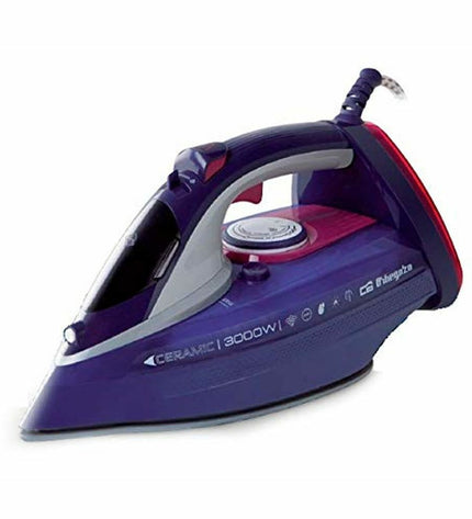Orbegozo SV 3000 black steam iron with 3000W power, shown with cord and water tank in a home ironing setting.