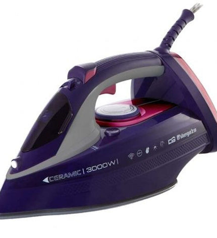 Black Orbegozo SV 3000 steam iron with 3000W power, shown with handle, water tank, and control dial for home ironing tasks.