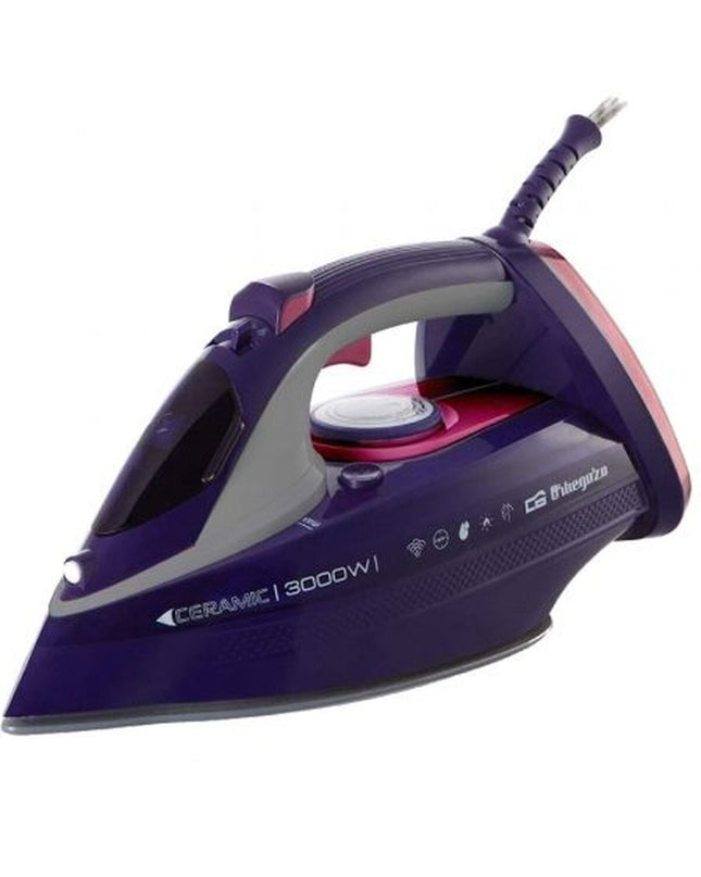 Black Orbegozo SV 3000 steam iron with 3000W power, shown with handle, water tank, and control dial for home ironing tasks.
