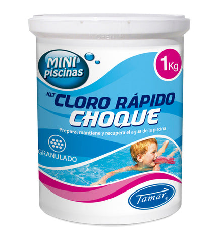 Tamar Chloor Tamar 1kg korrels for swimming pools, jacuzzis, and garden water treatment, showing white chlorine granules in a container.