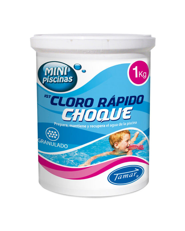 Tamar Chloor Tamar 1kg korrels for swimming pools, jacuzzis, and garden water treatment, showing white chlorine granules in a container.