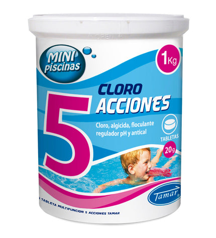 Tamar Chloor Tamar multifunctionele 1 kg tabletten voor tuinzwembaden, jacuzzi's en zwembadbenodigdheden, in een open verpakking.