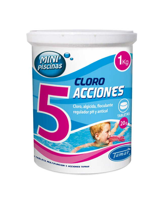 Tamar Chloor Tamar multifunctionele 1 kg tabletten voor tuinzwembaden, jacuzzi's en zwembadbenodigdheden, in een open verpakking.