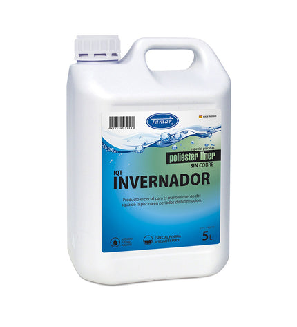 Tamar vloeibaar overwinteren zwembadmiddel in 5L container, suitable for garden pools, jacuzzis, and pool maintenance.