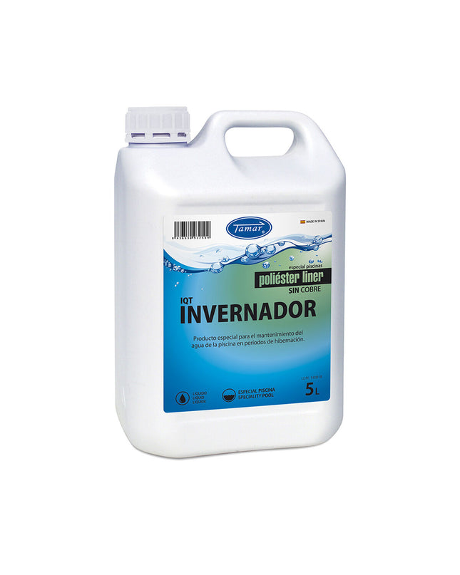 Tamar vloeibaar overwinteren zwembadmiddel in 5L container, suitable for garden pools, jacuzzis, and pool maintenance.