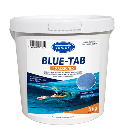 Tamar blue chlorinating tablet for pools and jacuzzis, 5 kg container, blue tab with product code 1205106050.