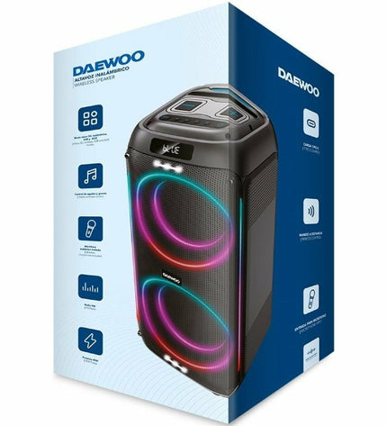 Daewoo DW3010 PC-luidsprekers set with black compact speakers and control knob, designed for computer audio.