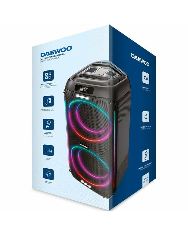 Daewoo DW3010 PC-luidsprekers set with black compact speakers and control knob, designed for computer audio.