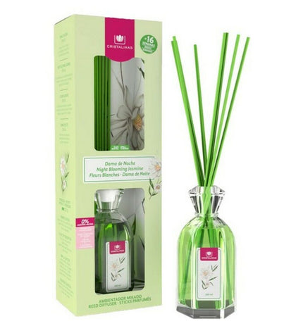 Night Blooming Jasmine air freshener by Cristalinas in a 180 ml glass bottle with a decorative Mikado diffuser.