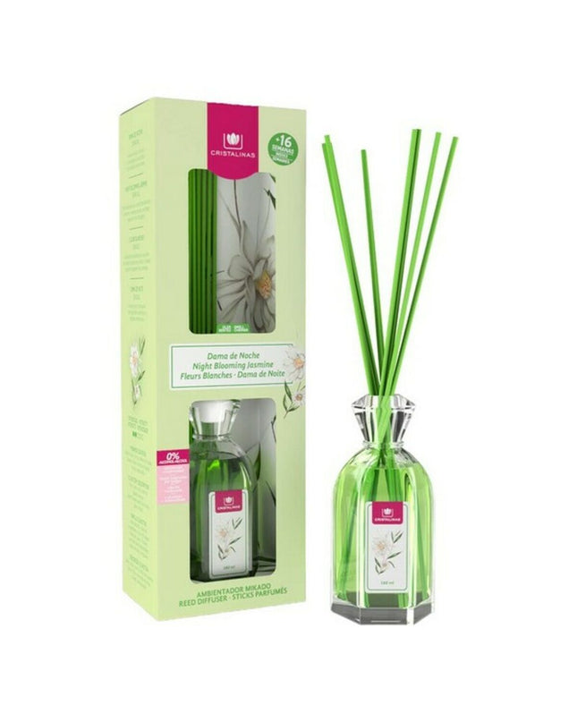 Night Blooming Jasmine air freshener by Cristalinas in a 180 ml glass bottle with a decorative Mikado diffuser.