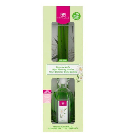 Cristalinas Night Blooming Jasmine Mikado air freshener in a 180 ml glass container, decorative home fragrance for house and cooking.
