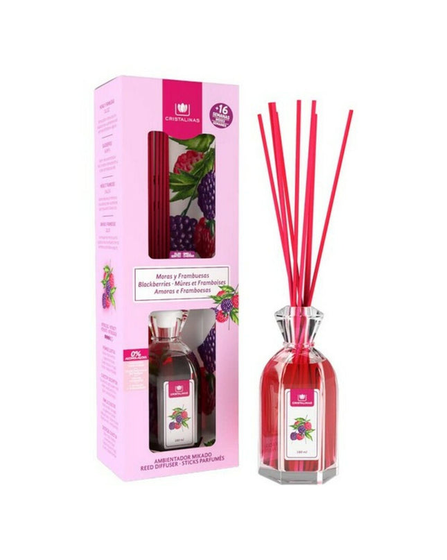Cristalinas Mikado luchtverfrisser met braambes en framboos, 180 ml, voor huisdecoratie en frisse geuren.