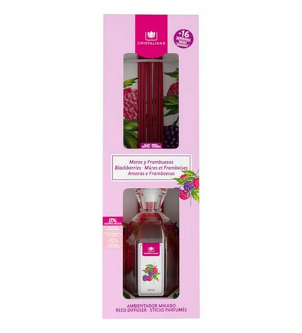Cristalinas Mikado luchtverfrisser met braambes en framboos in 180 ml glazen fles, huisdecoratie en geurspray voor huis en koken