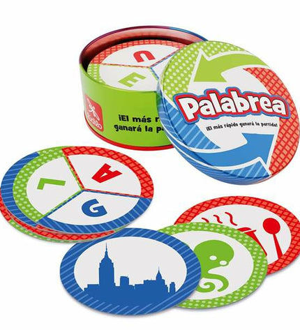 Lúdilo Palabrea educational game with colorful cards and game pieces for word-building fun and learning.