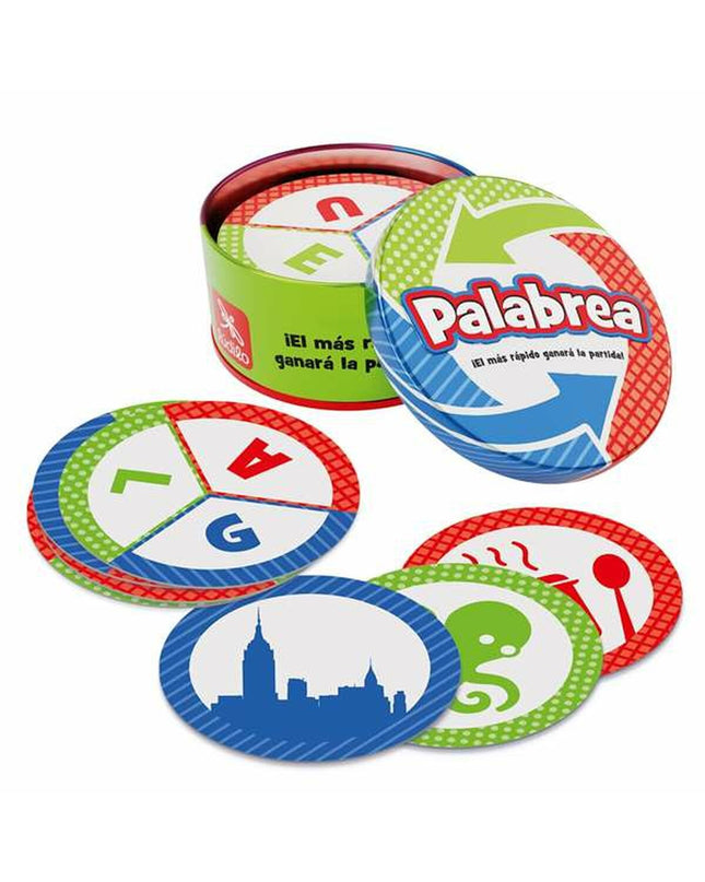 Lúdilo Palabrea educational game with colorful cards and game pieces for word-building fun and learning.