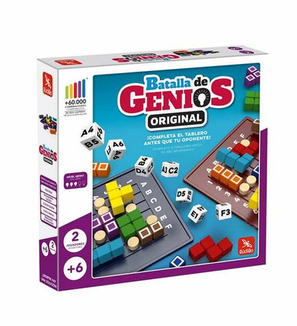 Lúdilo Batalla de Genios educational game with colorful game pieces and a 10x10cm game board for kids' fun and learning.