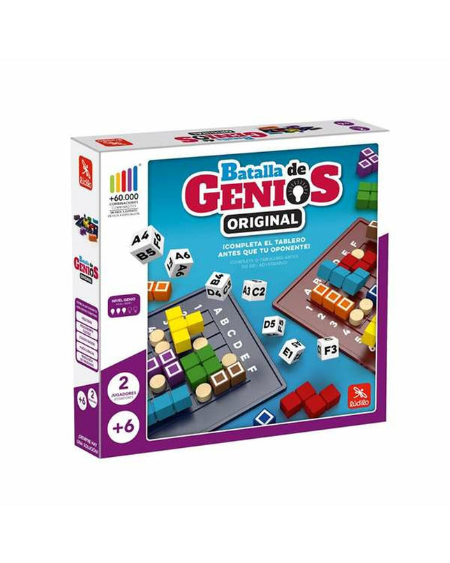 Lúdilo Batalla de Genios educational game with colorful game pieces and a 10x10cm game board for kids' fun and learning.