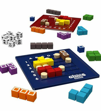 Lúdilo Batalla de Genios educational game with colorful tiles, designed for kids, measuring 10 x 10 x 3 cm.