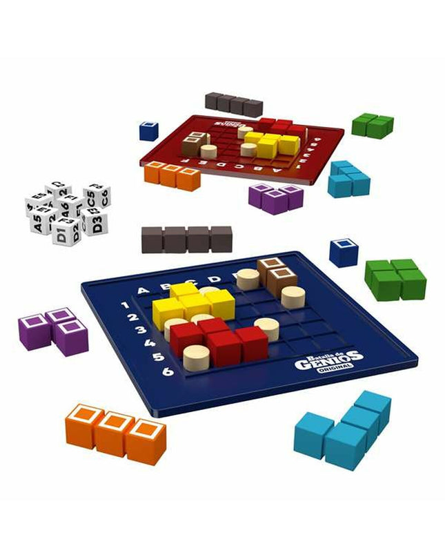 Lúdilo Batalla de Genios educational game with colorful tiles, designed for kids, measuring 10 x 10 x 3 cm.