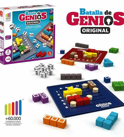 Lúdilo Batalla de Genios educational game box with colorful game pieces and cards, measuring 10x10x3 cm.