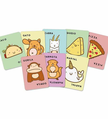 Lúdilo Taco educational game with colorful animal pieces including cat, goat, cheese, and pizza toppings on a game board