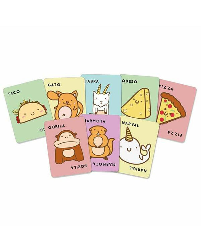 Lúdilo Taco educational game with colorful animal pieces including cat, goat, cheese, and pizza toppings on a game board